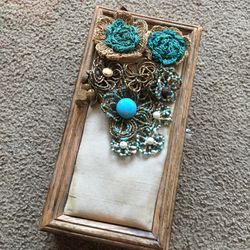 Canvas And Turquoise Wooden Jewelry Box