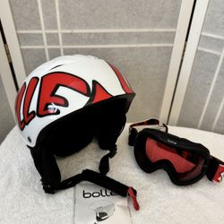  Bolle White And Red Ski Or Snowboarding, Helmet And Red Lens Goggles Kids Sz XS-S