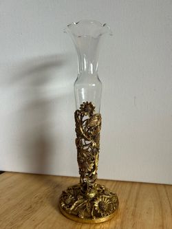 Vintage Matson 24K gold plated sunflowers, Holl ywood Regency vase with glass insert