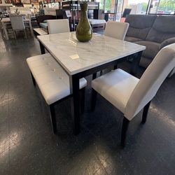 5PC White Faux Marble Dining Set