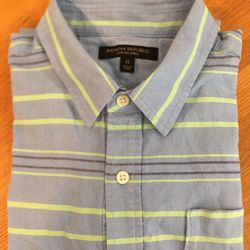 Mens Banana Republic S/S Pullover Blue Striped Oxford Dress Shirt Size M