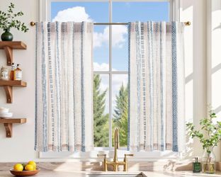 Linen Tier Curtains with Blue Stripe Pattern