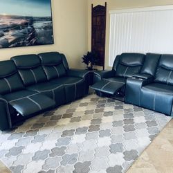 Beautiful Brand New Quality Slate Blue Dual Reclining Sofa And Loveseat 