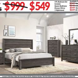 4pc Bedroom Set $549 Queen $649 Eastern King Includes bedframe Dresser mirror nightstand Gray Rustic Bedroom Set