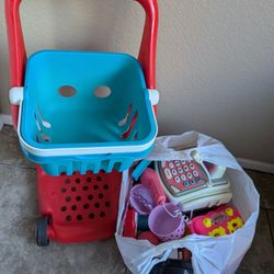 B toys Musical Kids Shopping Cart with misc kitchen accessories