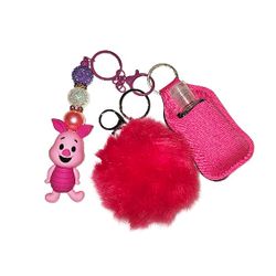Piglet (Winnie the Pooh) Custom Keychain with Sanitizer Bottle, Pink Holder, and Pom Pom