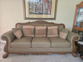 Traditional Carved Wood Trim Leather Sofa Couch