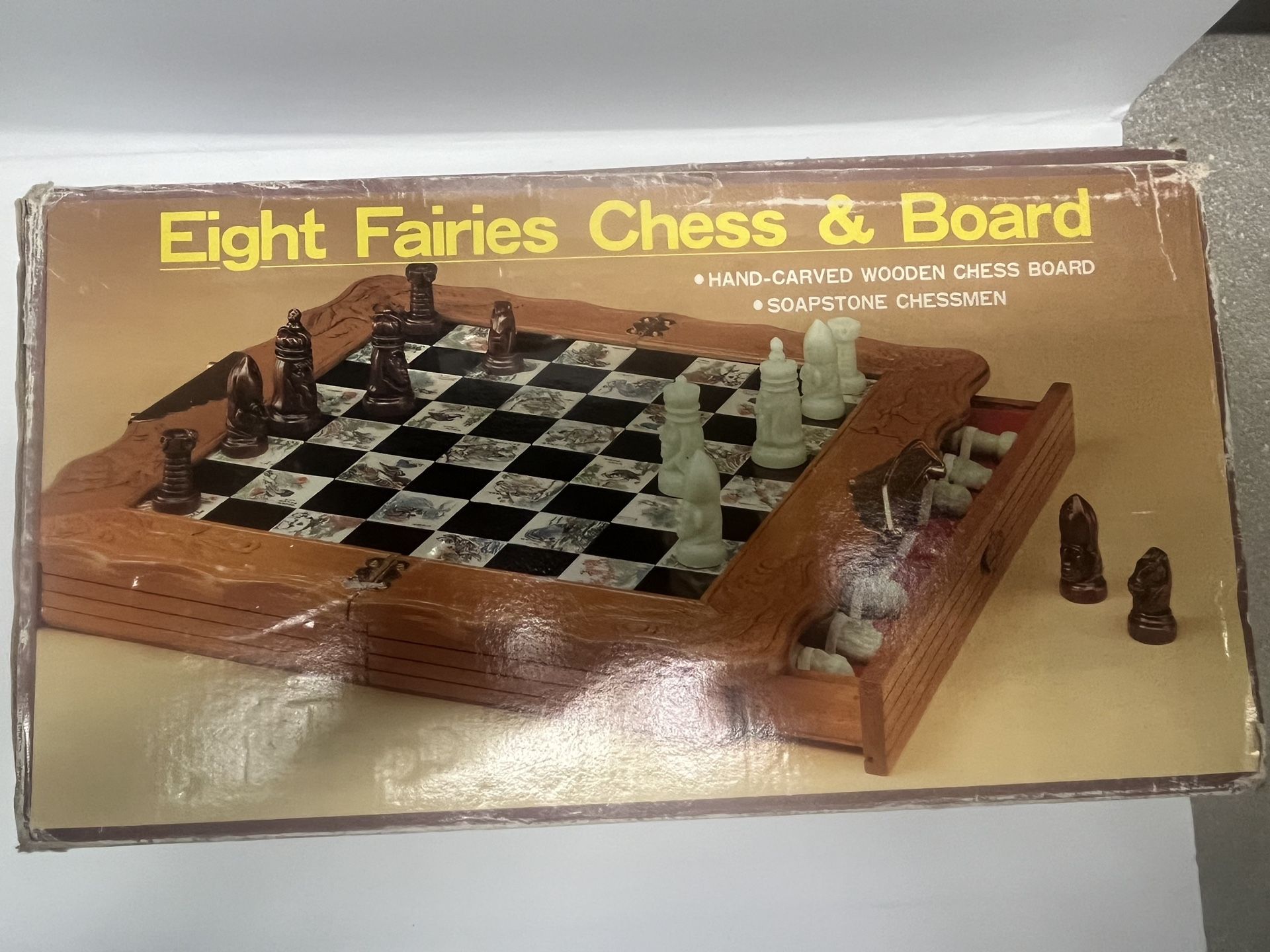 Eight Fairies CHESS SET Asian Oriental Wooden Board Hand Carved Soapstone Pieces