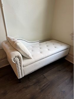 White Velvet Chaise Lounge Storage Bench with Pillow - Like New