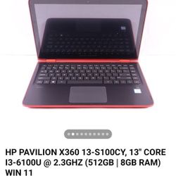 HP PAVILION X360 13-S100CY, 13" CORE I3-6100U @ 2.3GHZ (512GB | 8GB RAM) WIN 10