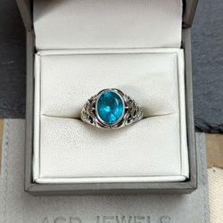 Robert Manse Sterling Silver & 18K Gold Ring w/ Teal Blue Topaz Stone 