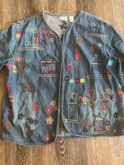 Vintage Chico's Embroidered Denim Jacket Size M/L Boho Artsy