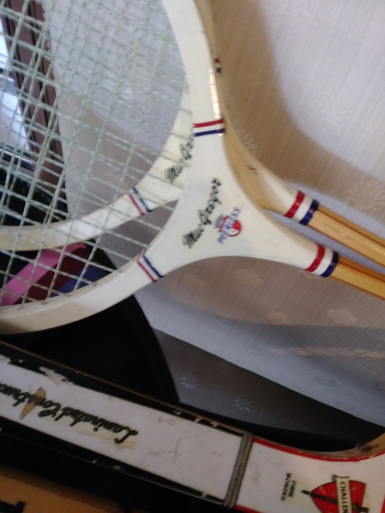 Vintage Tennis Rackets, Badminton Rackets, shuttlecocks with feathers. collectable.