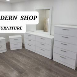 DRESSER WITH MIRROR CHEST AND TWO NIGHTSTANDS 