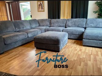 Grey Sectional Sofa | 7pc Giant Modular Sectional with Corduroy Fabric