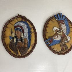 2 Vtg 10" Native American Style Ceramic Wall Art