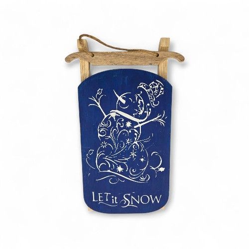 Blue Snowman Let it Snow Wooden Sled Christmas Decor Sign