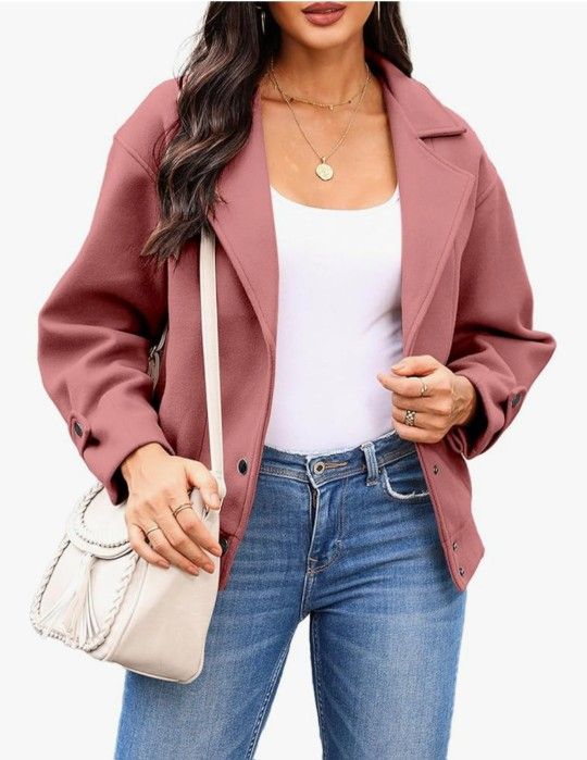 Ladies Pink Size Large Cropped Wool Moto Biker Jacket