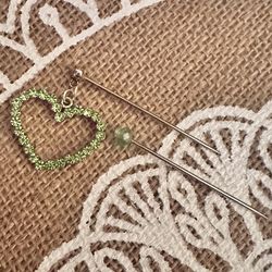 2 Steel Silver Tone Sparkle Green Crystal Heart Hijab Pins - Matching Set