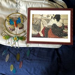 Japanese Art Print Framed Wall Art & Butterfly Wind Chime - Good Condition 