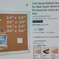 New! Cork Bulletin Board In Rustic White Frame