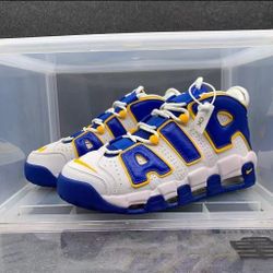 Nike Air More Uptempo Peace, Love, and Basketball Synthetic Leather Mid-top Retro Basketball Shoes Men's Black, Yellow, and Blue