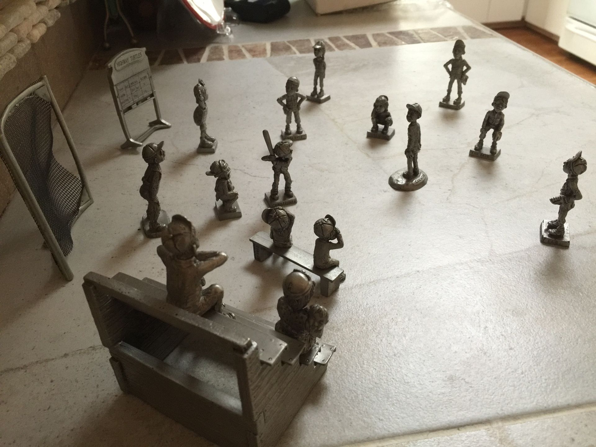 Pewter Baseball Players, Baseball Field, & Spectators On Bench