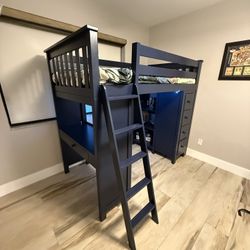 Twin Loft Bed with Ladder, Built-In Desk & Storage – Navy Blue