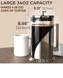 French Press Coffee Maker 34 oz, Silver, Stainless Steel, Tea, Camping & Travel