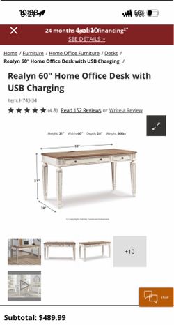 New Ashley furniture Realyn 60" Home Office Desk with USB Charging Item: H743-3 Retail 450.00+ One drawer had a bit of work but it functions as should