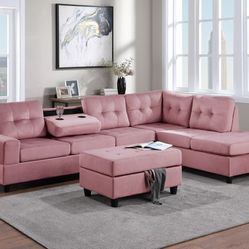 New Pink Velvet Reversible Sectional And Ottoman