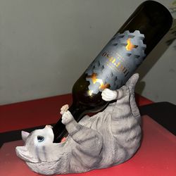 Wine Bottle Holder and/or Decorative Sculpture Cat Feline grey NEW