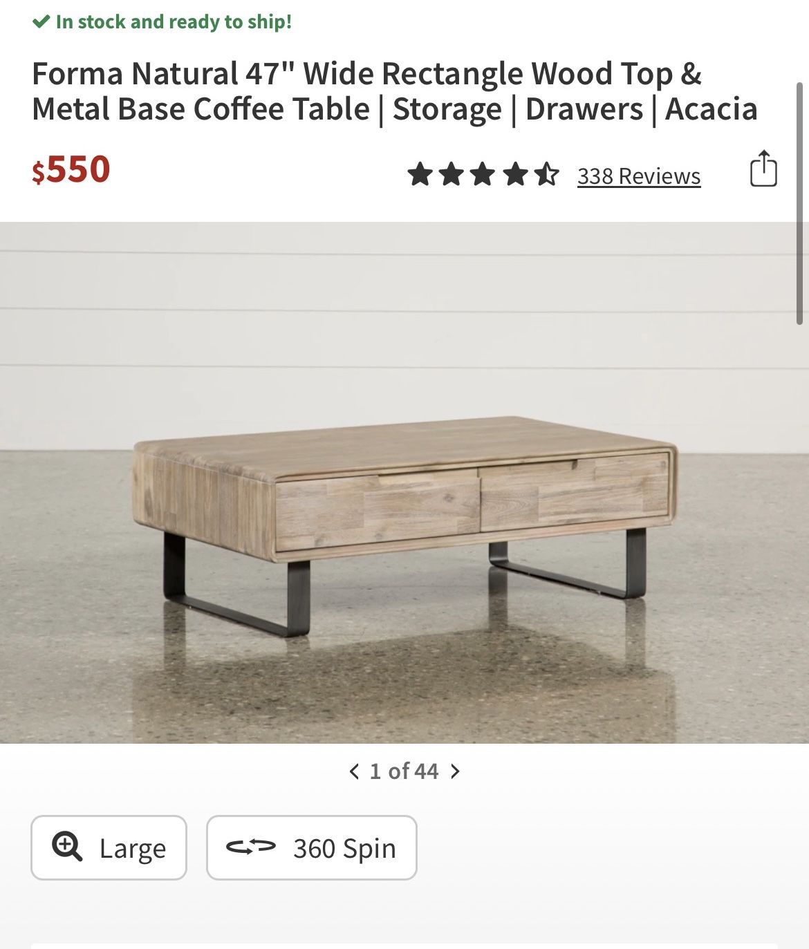 Coffee Table - Wide Rectangle Wood Top And Metal Base