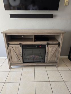 Modern Farmhouse Electric Fireplace & Sliding Barn Doors TV Stand for TVs up to 50″, Rustic Gray  Finish