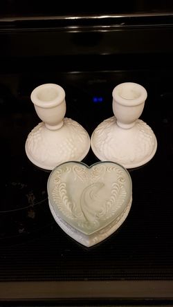 Imperial Glass Co Satin Candle Holders & Degenhart Trinket Box