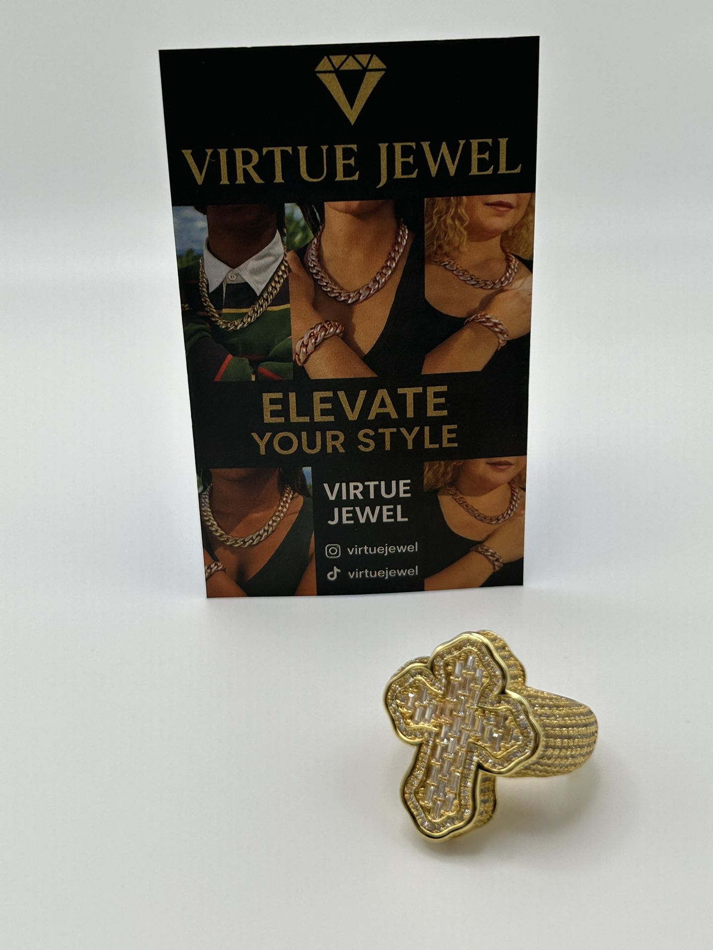 Iced Out Diamonds Baugette Jesus Cross Ring Gold