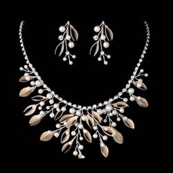 Champagne Crystal And Pearl Floral Vine Bridal Wedding Jewelry Set, Champagne Bridal Necklace Earring Set, Gold Bridal Jewelry Set