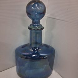 Vintage Cobalt Blue Glass Decanter w Stopper Hand Blown SVE Marked Made In Italy