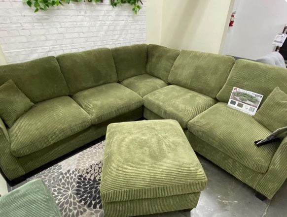 Sage Green Sectional Sofa includes ottoman and accent pillows 99x99