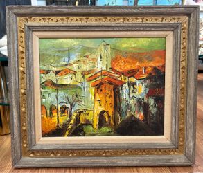 1930s Paul Waugh signed European Mediterranean cityscape original oil painting 28 x 24.5