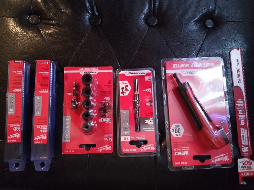 6 Milwaukee Tools,.Blades,Impact Angle Adapter,Drill Bits,Extractor Set