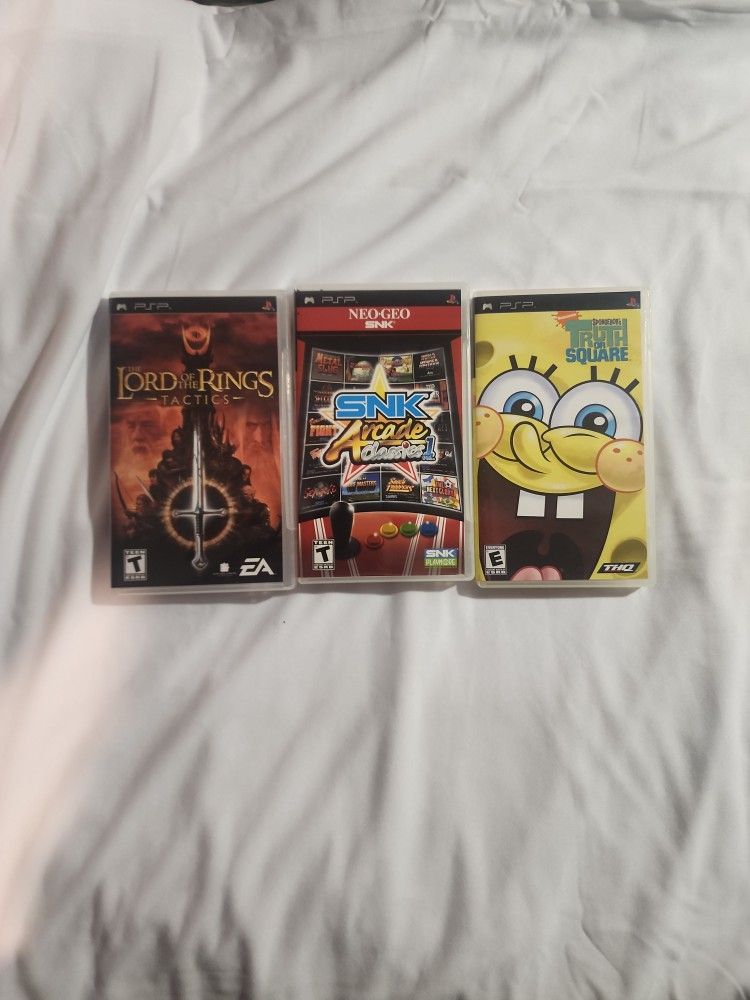 3 psp games tested and working NEO GEO SNK ARCADE CLASSICS,SPONGBOB'S,THE LORD OF THE RINGS TACTICS