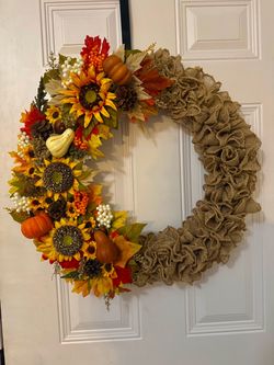 Fall Burlap Wreath with Sunflowers and Pumpkins