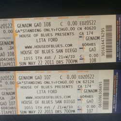 Lita Ford Concert Ticket Stubs, Unused.