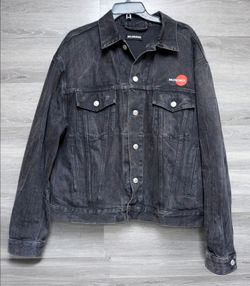 Balenciaga Black Embroidered Mastercard Logo Denim Trucker Jacket (Size 46)