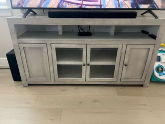 Gray Wood TV Stand with Cabinet Storage