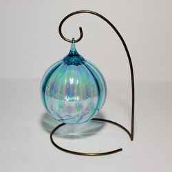 Hand Blown Glass Ornament with Stand Blue Iridescent 