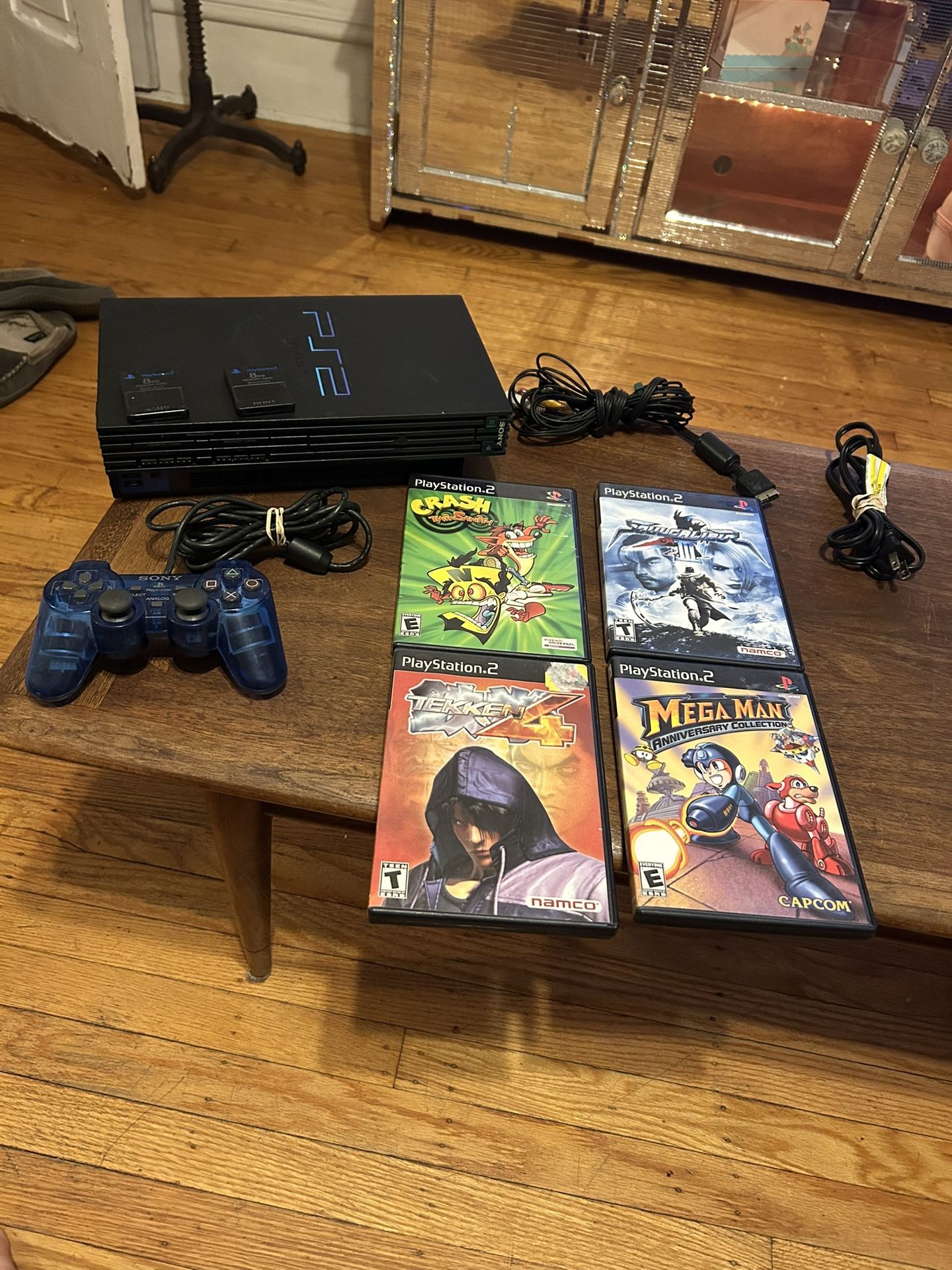 PlayStation 2 PS2 fat console SCPH-39001 blue OEM controller 2 OEM memory cards 4 games cleaned WORKS