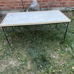Indoor or Outdoor Off-White Tile Covered Coffee Table With Metal Base