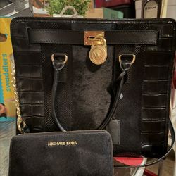 Michael Kors, Black And Gold Focal Crocodile Leather Hamilton Purse, Handbag, And Matching Wallet